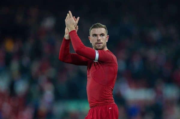 LIVERPOOL, ENGLAND - Saturday, November 30, 2019: Liverpool's captain Jordan Henderson applauds the supporters after the FA Premier League match between Liverpool FC and Brighton & Hove Albion FC at Anfield. Liverpool won 2-1 with ten men. (Pic by David Rawcliffe/Propaganda)