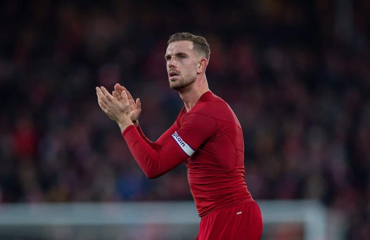 LIVERPOOL, ENGLAND - Saturday, November 30, 2019: Liverpool's captain Jordan Henderson applauds the supporters after the FA Premier League match between Liverpool FC and Brighton & Hove Albion FC at Anfield. Liverpool won 2-1 with ten men. (Pic by David Rawcliffe/Propaganda)