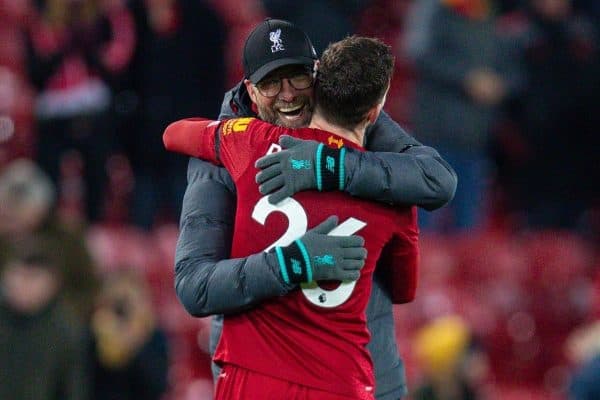 LIVERPOOL, ENGLAND - Saturday, November 30, 2019: Liverpool's manager Jürgen Klopp embraces Andy Robertson after the FA Premier League match between Liverpool FC and Brighton & Hove Albion FC at Anfield. Liverpool won 2-1 with ten men. (Pic by David Rawcliffe/Propaganda)