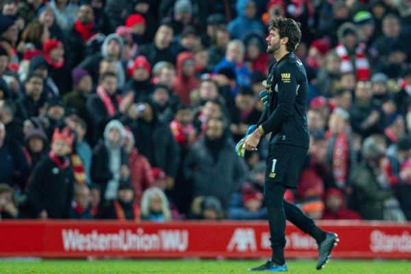 LIVERPOOL, ENGLAND - Saturday, November 30, 2019: Liverpool's goalkeeper Alisson Becker walks off after being shown a red card and sent off during the FA Premier League match between Liverpool FC and Brighton & Hove Albion FC at Anfield. (Pic by David Rawcliffe/Propaganda)