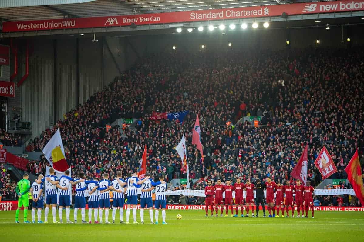 LIVERPOOL, ENGLAND - Saturday, November 30, 2019: Liverpool and Brighton & Hove Albion players and supporters stand for a moment's applause before the FA Premier League match between Liverpool FC and Brighton & Hove Albion FC at Anfield. (Pic by David Rawcliffe/Propaganda)