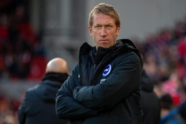 LIVERPOOL, ENGLAND - Saturday, November 30, 2019: manager Graham Potter before the FA Premier League match between Liverpool FC and Brighton & Hove Albion FC at Anfield. (Pic by David Rawcliffe/Propaganda)