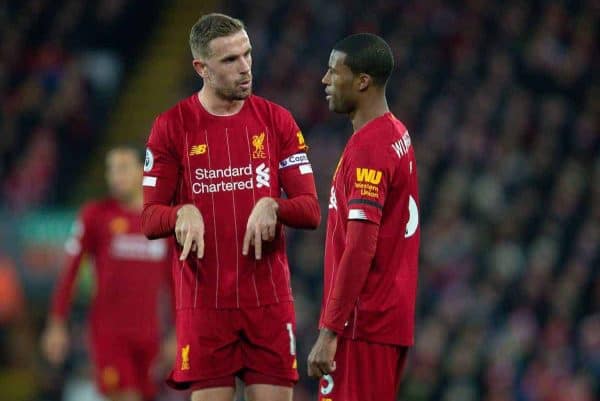 LIVERPOOL, ENGLAND - Saturday, November 30, 2019: Liverpool's captain Jordan Henderson (L) and Georginio Wijnaldum during the FA Premier League match between Liverpool FC and Brighton & Hove Albion FC at Anfield. (Pic by David Rawcliffe/Propaganda)