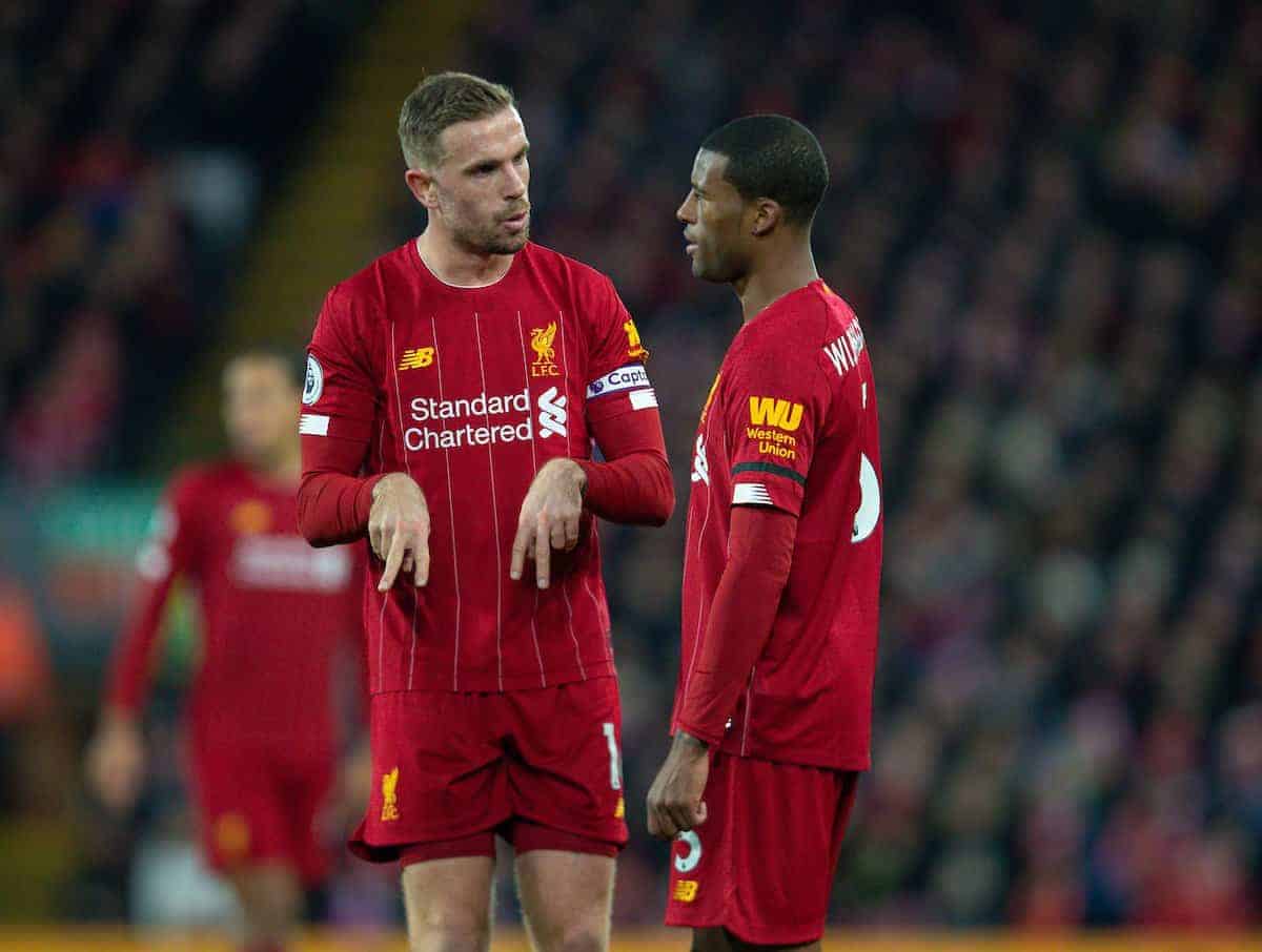 LIVERPOOL, ENGLAND - Saturday, November 30, 2019: Liverpool's captain Jordan Henderson (L) and Georginio Wijnaldum during the FA Premier League match between Liverpool FC and Brighton & Hove Albion FC at Anfield. (Pic by David Rawcliffe/Propaganda)