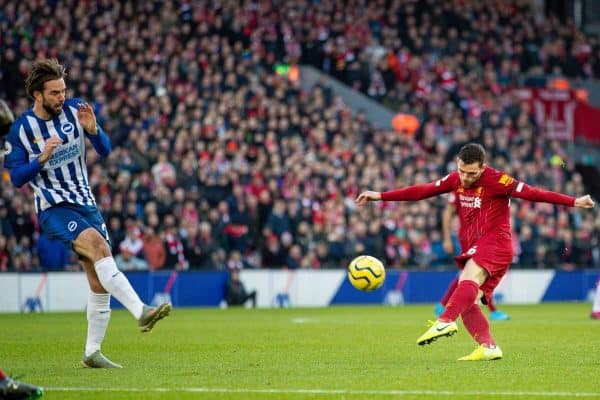 LIVERPOOL, ENGLAND - Saturday, November 30, 2019: Liverpool's Andy Robertson shoots during the FA Premier League match between Liverpool FC and Brighton & Hove Albion FC at Anfield. (Pic by David Rawcliffe/Propaganda)