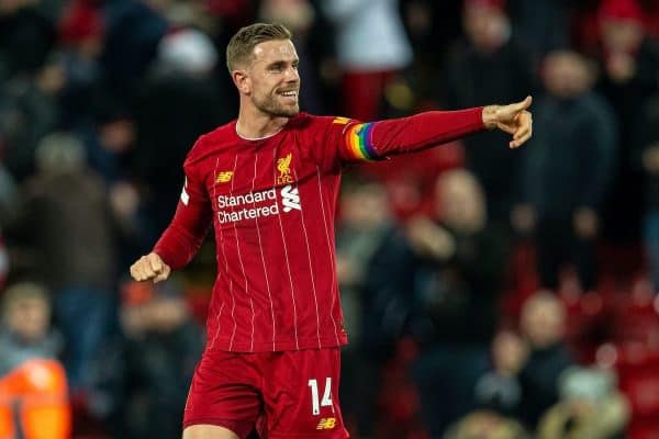 LIVERPOOL, ENGLAND - Wednesday, December 4, 2019: Liverpool's captain Jordan Henderson celebrates after the FA Premier League match between Liverpool FC and Everton FC, the 234th Merseyside Derby, at Anfield. Liverpool won 5-2. (Pic by David Rawcliffe/Propaganda)