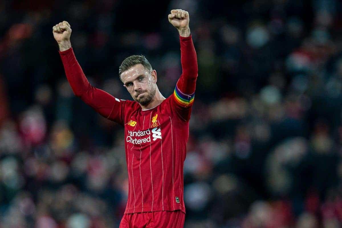 LIVERPOOL, ENGLAND - Wednesday, December 4, 2019: Liverpool's captain Jordan Henderson celebrates after the FA Premier League match between Liverpool FC and Everton FC, the 234th Merseyside Derby, at Anfield. Liverpool won 5-2. (Pic by David Rawcliffe/Propaganda)