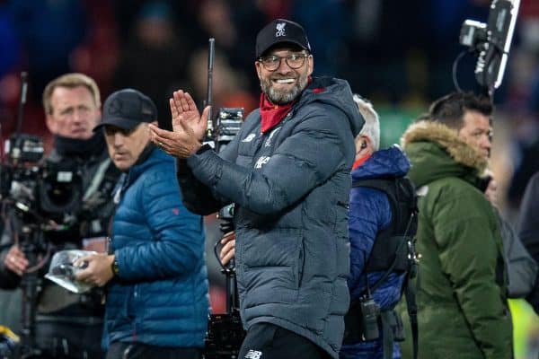 LIVERPOOL, ENGLAND - Wednesday, December 4, 2019: Liverpool's manager Jürgen Klopp celebrates after the FA Premier League match between Liverpool FC and Everton FC, the 234th Merseyside Derby, at Anfield. Liverpool won 5-2. (Pic by David Rawcliffe/Propaganda)