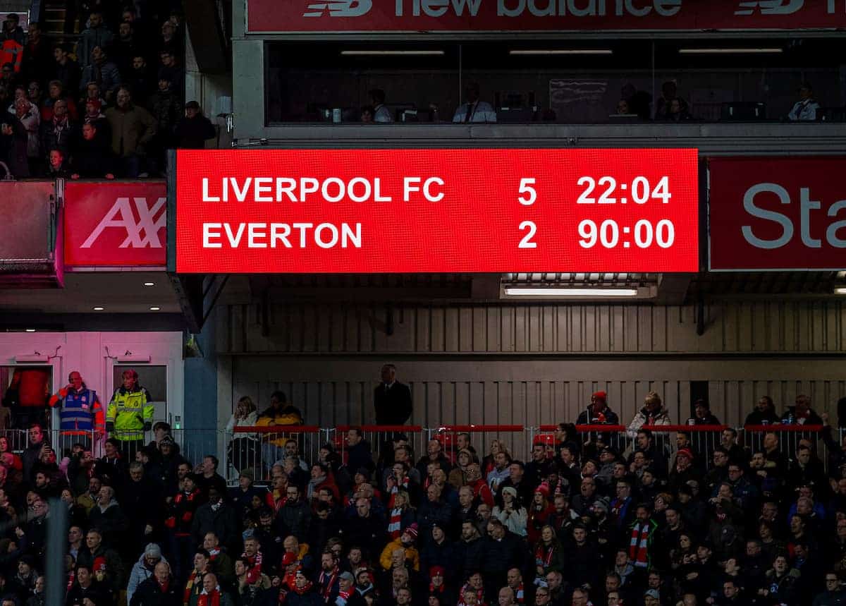 LIVERPOOL, ENGLAND - Wednesday, December 4, 2019: Liverpool's scoreboard records the 5-2 victory during the FA Premier League match between Liverpool FC and Everton FC, the 234th Merseyside Derby, at Anfield. (Pic by David Rawcliffe/Propaganda)