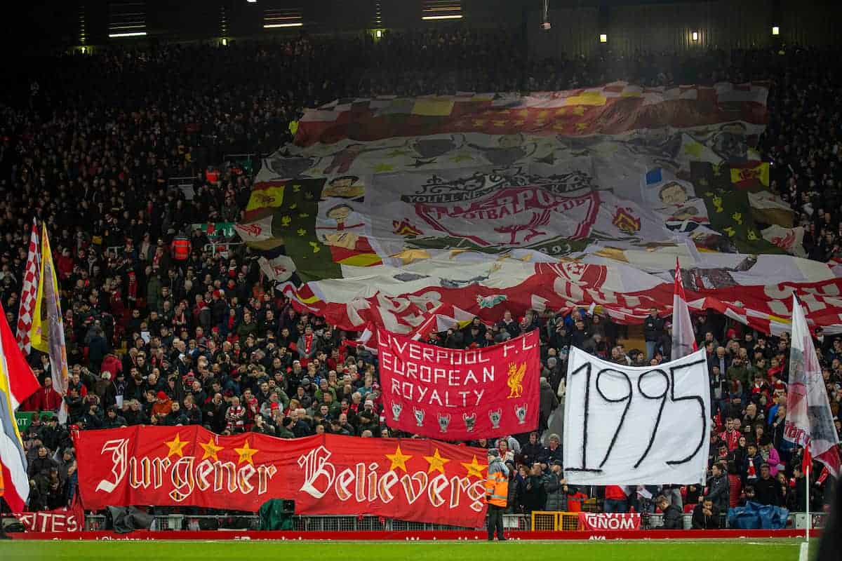 LIVERPOOL, ENGLAND - Wednesday, December 4, 2019: Liverpool supporters on the Spion Kop with a banner "1995", the year Everton last won a trophy, during the FA Premier League match between Liverpool FC and Everton FC, the 234th Merseyside Derby, at Anfield. (Pic by David Rawcliffe/Propaganda)