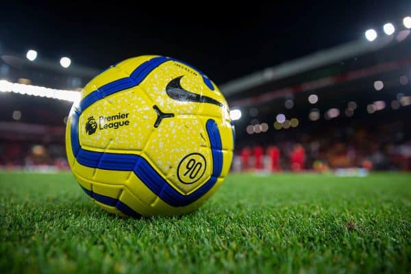 LIVERPOOL, ENGLAND - Wednesday, December 4, 2019: Yellow Nike Merlin Premier League match ball during the FA Premier League match between Liverpool FC and Everton FC, the 234th Merseyside Derby, at Anfield. (Pic by David Rawcliffe/Propaganda)