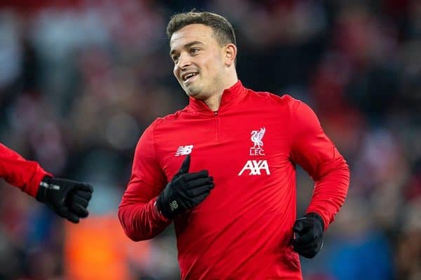 LIVERPOOL, ENGLAND - Wednesday, December 4, 2019: Liverpools Xherdan Shaqiri during the pre-match warm-up before the FA Premier League match between Liverpool FC and Everton FC, the 234th Merseyside Derby, at Anfield. (Pic by David Rawcliffe/Propaganda)