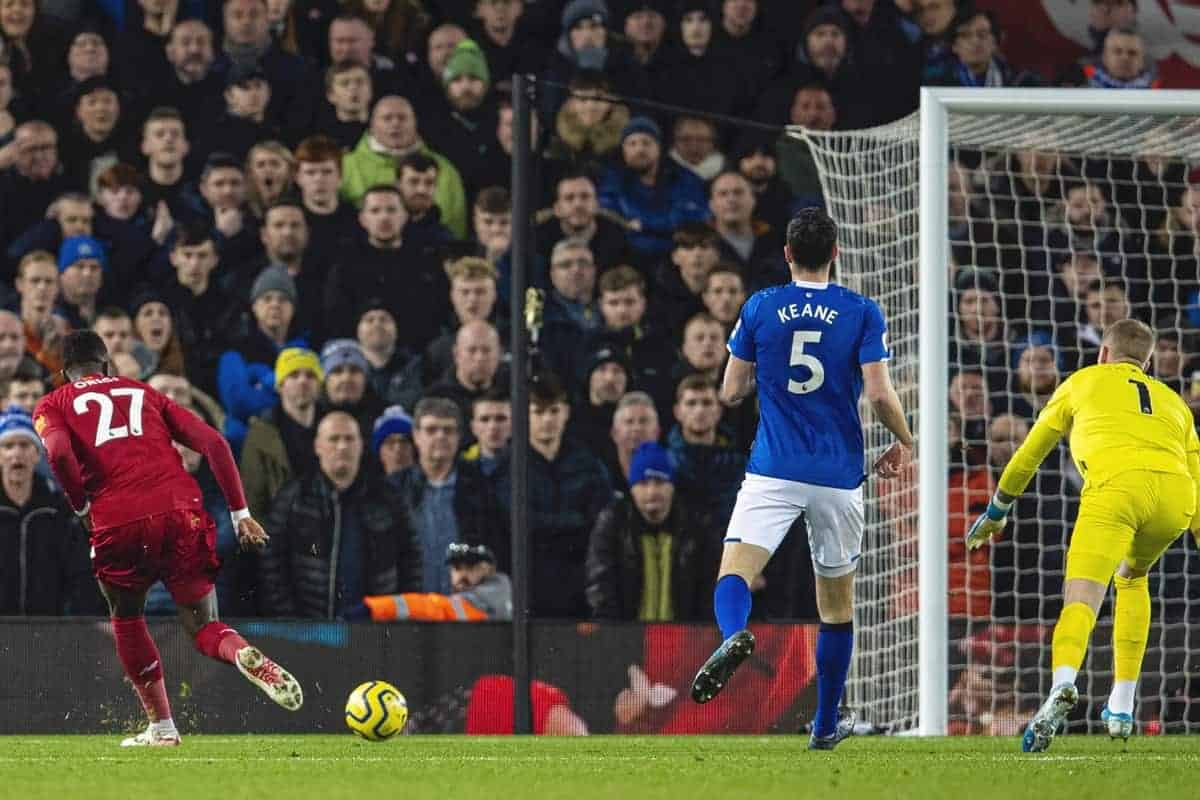 LIVERPOOL, ENGLAND - Wednesday, December 4, 2019: Liverpools Divock Origi scores the first goal during the FA Premier League match between Liverpool FC and Everton FC, the 234th Merseyside Derby, at Anfield. (Pic by David Rawcliffe/Propaganda)