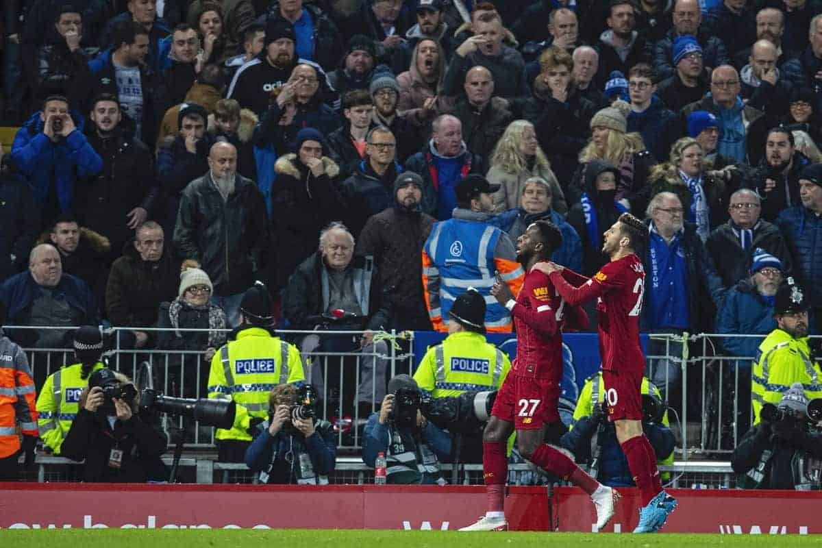 LIVERPOOL, ENGLAND - Wednesday, December 4, 2019: Liverpools Divock Origi celebrates scoring the first goal during the FA Premier League match between Liverpool FC and Everton FC, the 234th Merseyside Derby, at Anfield. (Pic by David Rawcliffe/Propaganda)