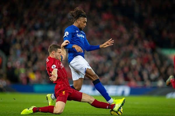 LIVERPOOL, ENGLAND - Wednesday, December 4, 2019: Liverpools James Milner (L) tackles Everton's Alex Iwobi during the FA Premier League match between Liverpool FC and Everton FC, the 234th Merseyside Derby, at Anfield. (Pic by David Rawcliffe/Propaganda)