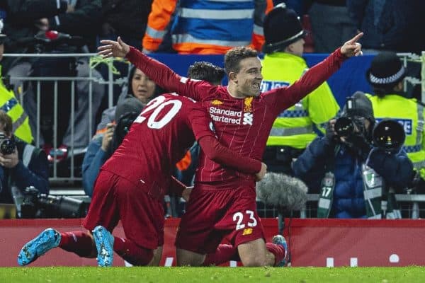 LIVERPOOL, ENGLAND - Wednesday, December 4, 2019: Liverpools Xherdan Shaqiri celebrates scoring the second goal during the FA Premier League match between Liverpool FC and Everton FC, the 234th Merseyside Derby, at Anfield. (Pic by David Rawcliffe/Propaganda)