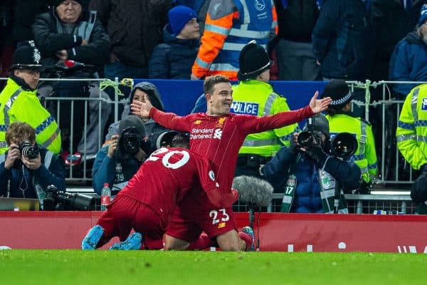 LIVERPOOL, ENGLAND - Wednesday, December 4, 2019: Liverpools Xherdan Shaqiri celebrates scoring the second goal during the FA Premier League match between Liverpool FC and Everton FC, the 234th Merseyside Derby, at Anfield. (Pic by David Rawcliffe/Propaganda)