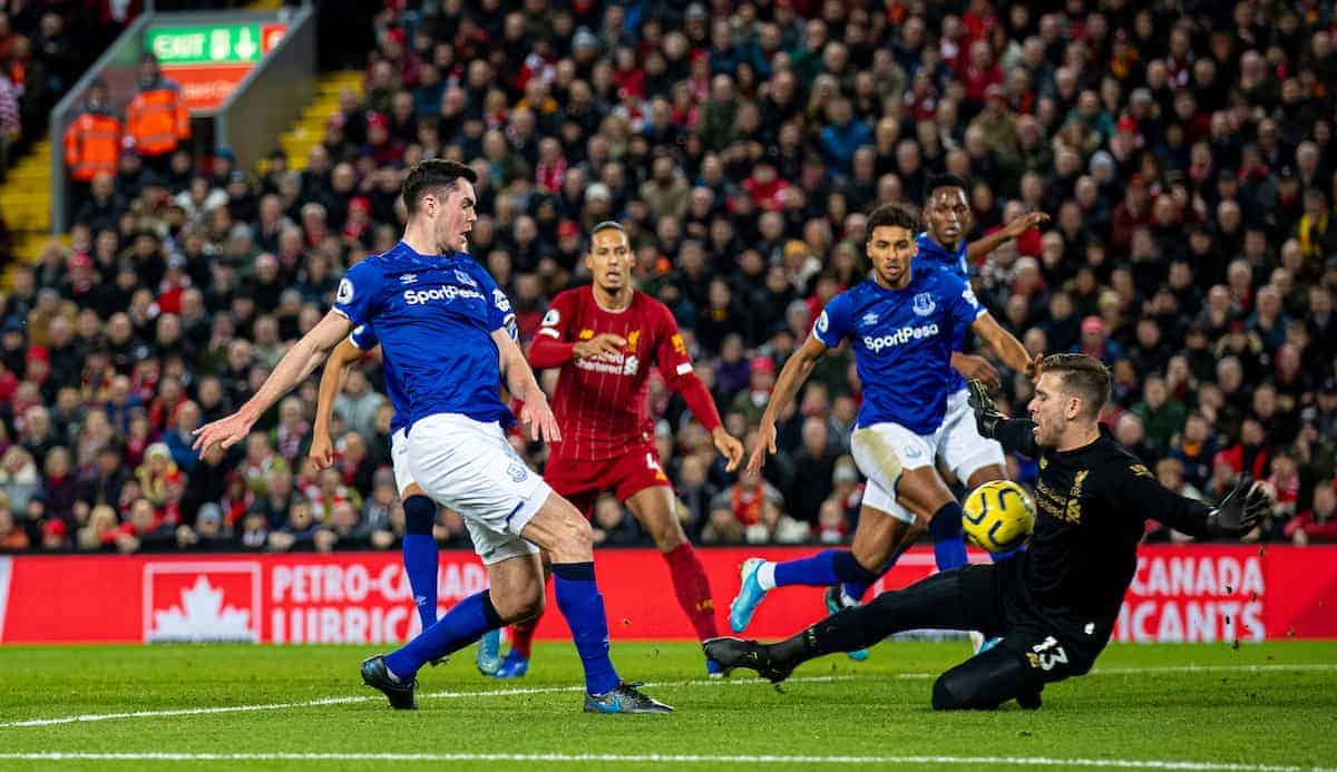 LIVERPOOL, ENGLAND - Wednesday, December 4, 2019: Everton's Michael Keane scores his side's first goal past Liverpool's goalkeeper Adrián San Miguel del Castillo to make the score 2-1 during the FA Premier League match between Liverpool FC and Everton FC, the 234th Merseyside Derby, at Anfield. (Pic by David Rawcliffe/Propaganda)