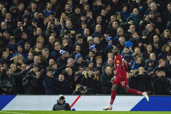 LIVERPOOL, ENGLAND - Wednesday, December 4, 2019: Liverpools Divock Origi celebrates scoring the third goal, his second of the game, during the FA Premier League match between Liverpool FC and Everton FC, the 234th Merseyside Derby, at Anfield. (Pic by David Rawcliffe/Propaganda)