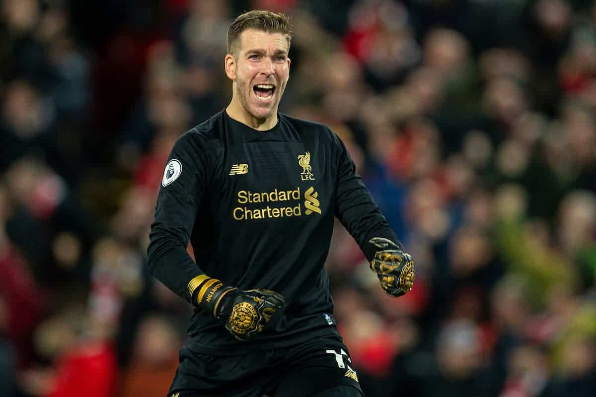 LIVERPOOL, ENGLAND - Wednesday, December 4, 2019: Liverpools goalkeeper Adrián San Miguel del Castillo celebrates his side's third goal during the FA Premier League match between Liverpool FC and Everton FC, the 234th Merseyside Derby, at Anfield. (Pic by David Rawcliffe/Propaganda)