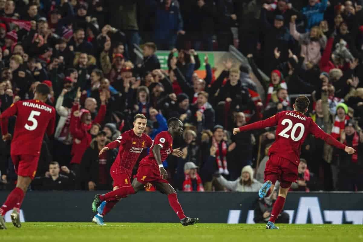 LIVERPOOL, ENGLAND - Wednesday, December 4, 2019: Liverpool's Sadio Mané celebrates scoring the fourth goal during the FA Premier League match between Liverpool FC and Everton FC, the 234th Merseyside Derby, at Anfield. (Pic by David Rawcliffe/Propaganda)