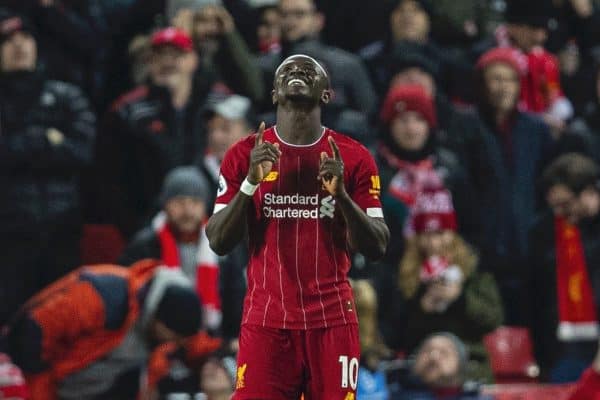 LIVERPOOL, ENGLAND - Wednesday, December 4, 2019: Liverpools Sadio Mané celebrates scoring the fourth goal during the FA Premier League match between Liverpool FC and Everton FC, the 234th Merseyside Derby, at Anfield. (Pic by David Rawcliffe/Propaganda)