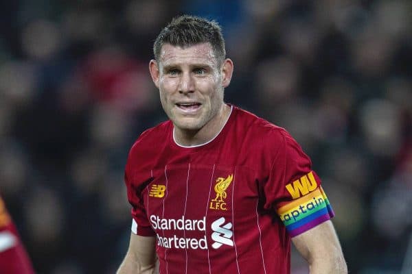 LIVERPOOL, ENGLAND - Wednesday, December 4, 2019: Liverpool's James Milner, wearing a rainbow coloured captain's armband, during the FA Premier League match between Liverpool FC and Everton FC, the 234th Merseyside Derby, at Anfield. (Pic by David Rawcliffe/Propaganda)