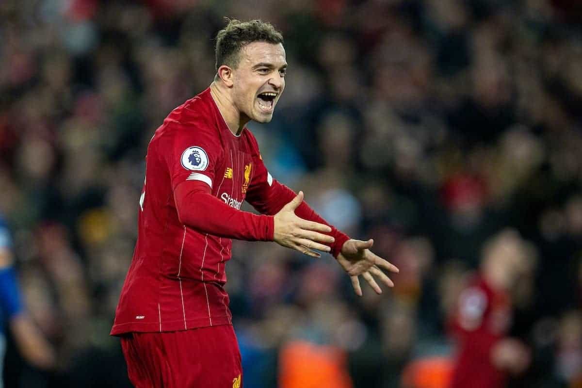 LIVERPOOL, ENGLAND - Wednesday, December 4, 2019: Liverpool's Xherdan Shaqiri celebrates his side's fifth goal during the FA Premier League match between Liverpool FC and Everton FC, the 234th Merseyside Derby, at Anfield. Liverpool won 5-2. (Pic by David Rawcliffe/Propaganda)