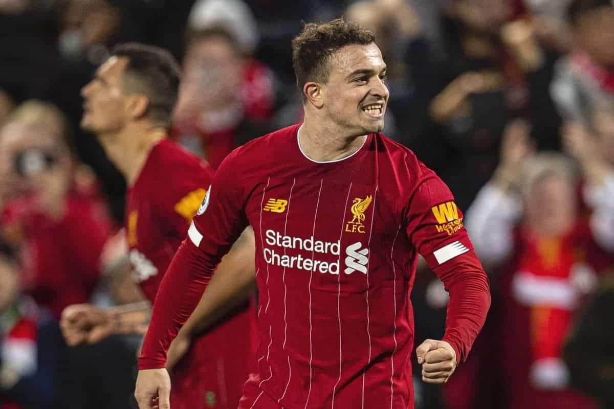 LIVERPOOL, ENGLAND - Wednesday, December 4, 2019: Liverpool's Xherdan Shaqiri celebrates his side's fifth goal during the FA Premier League match between Liverpool FC and Everton FC, the 234th Merseyside Derby, at Anfield. Liverpool won 5-2. (Pic by David Rawcliffe/Propaganda)