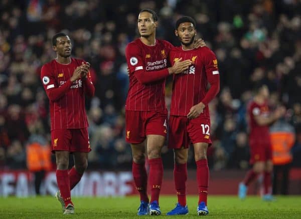 LIVERPOOL, ENGLAND - Wednesday, December 4, 2019: Liverpool's (L-R) Georginio Wijnaldum, Virgil van Dijk and Joe Gomez after the FA Premier League match between Liverpool FC and Everton FC, the 234th Merseyside Derby, at Anfield. Liverpool won 5-2. (Pic by David Rawcliffe/Propaganda)