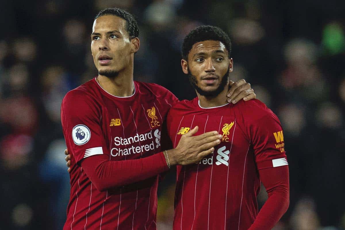 LIVERPOOL, ENGLAND - Wednesday, December 4, 2019: Liverpool's (L-R) Georginio Wijnaldum, Virgil van Dijk and Joe Gomez after the FA Premier League match between Liverpool FC and Everton FC, the 234th Merseyside Derby, at Anfield. Liverpool won 5-2. (Pic by David Rawcliffe/Propaganda)