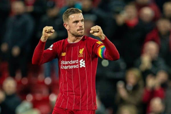 LIVERPOOL, ENGLAND - Wednesday, December 4, 2019: Liverpool's captain Jordan Henderson celebrates after the FA Premier League match between Liverpool FC and Everton FC, the 234th Merseyside Derby, at Anfield. Liverpool won 5-2. (Pic by David Rawcliffe/Propaganda)