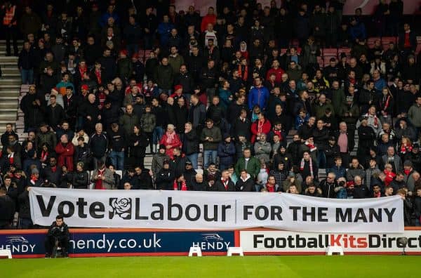 BOURNEMOUTH, ENGLAND - Saturday, December 7, 2019: Liverpool supporters unfurl a banner "Vote Labour for the many" before the FA Premier League match between AFC Bournemouth and Liverpool FC at the Vitality Stadium. (Pic by David Rawcliffe/Propaganda)