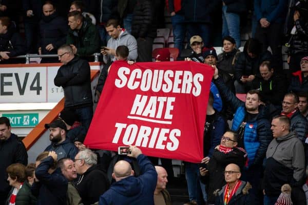 BOURNEMOUTH, ENGLAND - Saturday, December 7, 2019: Liverpool supporters unfurl a banner "Scousers Hate Tories" before the FA Premier League match between AFC Bournemouth and Liverpool FC at the Vitality Stadium. (Pic by David Rawcliffe/Propaganda)