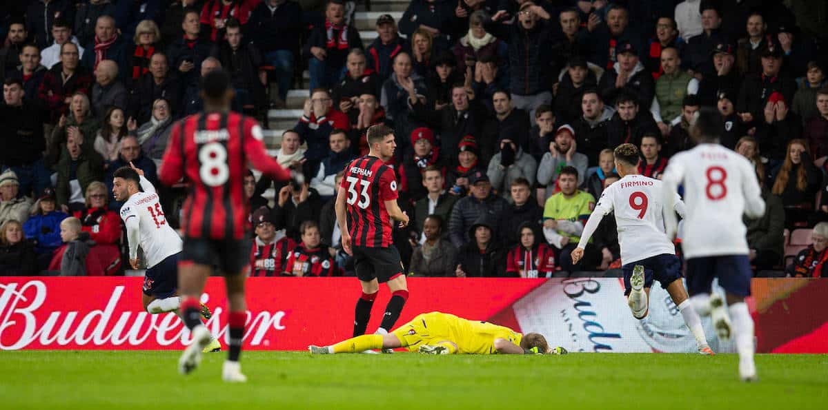 BOURNEMOUTH, ENGLAND - Saturday, December 7, 2019: Liverpool's Alex Oxlade-Chamberlain celebrates scoring the first goal during the FA Premier League match between AFC Bournemouth and Liverpool FC at the Vitality Stadium. (Pic by David Rawcliffe/Propaganda)