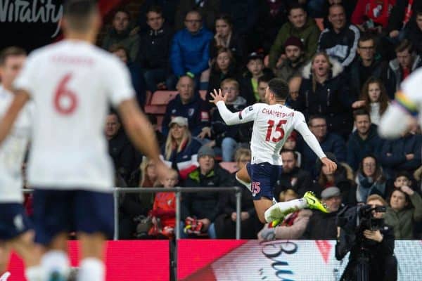 BOURNEMOUTH, ENGLAND - Saturday, December 7, 2019: Liverpool's Alex Oxlade-Chamberlain celebrates scoring the first goal during the FA Premier League match between AFC Bournemouth and Liverpool FC at the Vitality Stadium. (Pic by David Rawcliffe/Propaganda)