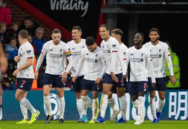 BOURNEMOUTH, ENGLAND - Saturday, December 7, 2019: Liverpool's Alex Oxlade-Chamberlain (C) celebrates scoring the first goal during the FA Premier League match between AFC Bournemouth and Liverpool FC at the Vitality Stadium. (Pic by David Rawcliffe/Propaganda)