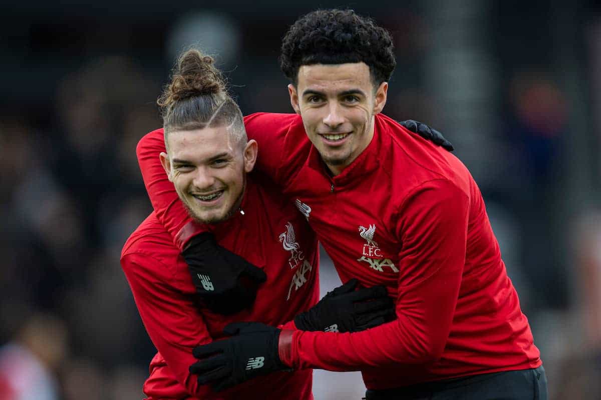 BOURNEMOUTH, ENGLAND - Saturday, December 7, 2019: Liverpool's substitutes Harvey Elliott (L) and Curtis Jones during the pre-match warm-up before the FA Premier League match between AFC Bournemouth and Liverpool FC at the Vitality Stadium. (Pic by David Rawcliffe/Propaganda)