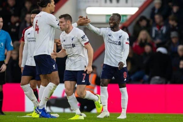 BOURNEMOUTH, ENGLAND - Saturday, December 7, 2019: Liverpool's Naby Keita celebrates scoring the second goal during the FA Premier League match between AFC Bournemouth and Liverpool FC at the Vitality Stadium. (Pic by David Rawcliffe/Propaganda)