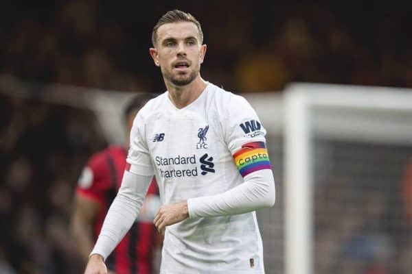 BOURNEMOUTH, ENGLAND - Saturday, December 7, 2019: Liverpool's captain Jordan Henderson, wearingf a rainbow coloured armband, during the FA Premier League match between AFC Bournemouth and Liverpool FC at the Vitality Stadium. (Pic by David Rawcliffe/Propaganda)