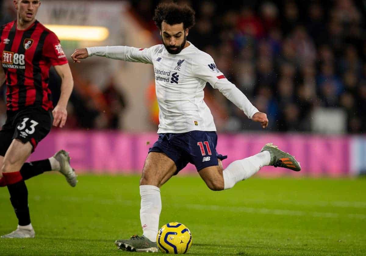 BOURNEMOUTH, ENGLAND - Saturday, December 7, 2019: Liverpool's Mohamed Salah scores the third goal during the FA Premier League match between AFC Bournemouth and Liverpool FC at the Vitality Stadium. (Pic by David Rawcliffe/Propaganda)