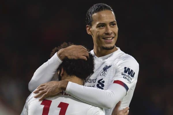 BOURNEMOUTH, ENGLAND - Saturday, December 7, 2019: Liverpool's Mohamed Salah (L) celebrates scoring the third goal with team-mate Virgil van Dijk during the FA Premier League match between AFC Bournemouth and Liverpool FC at the Vitality Stadium. (Pic by David Rawcliffe/Propaganda)