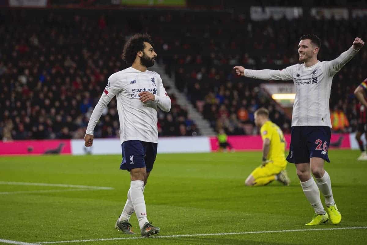 BOURNEMOUTH, ENGLAND - Saturday, December 7, 2019: Liverpool's Mohamed Salah (L) celebrates scoring the third goal with team-mate Andy Robertson during the FA Premier League match between AFC Bournemouth and Liverpool FC at the Vitality Stadium. (Pic by David Rawcliffe/Propaganda)