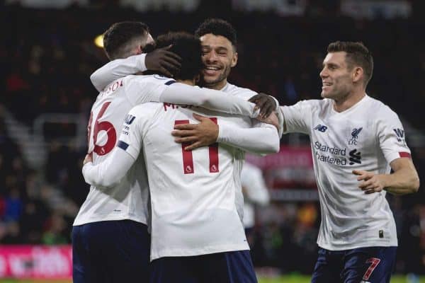 BOURNEMOUTH, ENGLAND - Saturday, December 7, 2019: Liverpool's Mohamed Salah (#11) celebrates scoring the third goal with team-mates during the FA Premier League match between AFC Bournemouth and Liverpool FC at the Vitality Stadium. (Pic by David Rawcliffe/Propaganda)