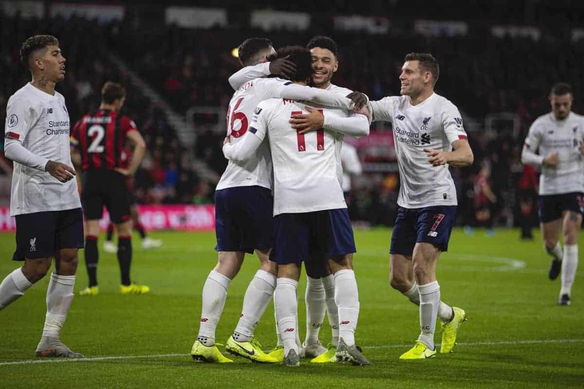 BOURNEMOUTH, ENGLAND - Saturday, December 7, 2019: Liverpool's Mohamed Salah (#11) celebrates scoring the third goal with team-mates during the FA Premier League match between AFC Bournemouth and Liverpool FC at the Vitality Stadium. (Pic by David Rawcliffe/Propaganda)