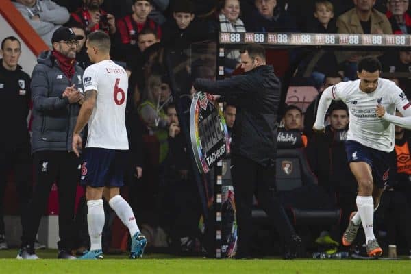 BOURNEMOUTH, ENGLAND - Saturday, December 7, 2019: Liverpool's Dejan Lovren shakes hands with manager Jürgen Klopp as he is substituted for Trent Alexander-Arnold during the FA Premier League match between AFC Bournemouth and Liverpool FC at the Vitality Stadium. (Pic by David Rawcliffe/Propaganda)