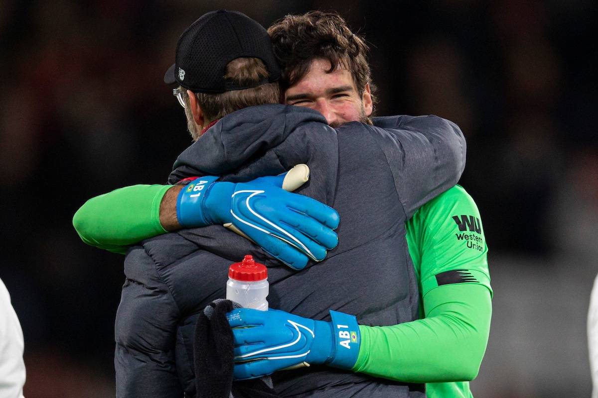 BOURNEMOUTH, ENGLAND - Saturday, December 7, 2019: Liverpool's goalkeeper Alisson Becker celebrates with manager Jürgen Klopp after the FA Premier League match between AFC Bournemouth and Liverpool FC at the Vitality Stadium. Liverpool won 3-0. (Pic by David Rawcliffe/Propaganda)