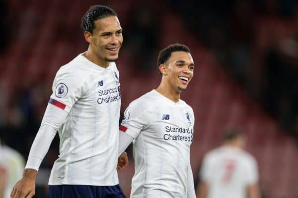 BOURNEMOUTH, ENGLAND - Saturday, December 7, 2019: Liverpool's Virgil van Dijk (L) and Trent Alexander-Arnold celebrate after the FA Premier League match between AFC Bournemouth and Liverpool FC at the Vitality Stadium. Liverpool won 3-0. (Pic by David Rawcliffe/Propaganda)