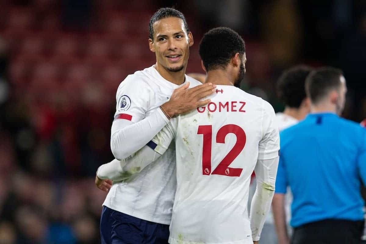 BOURNEMOUTH, ENGLAND - Saturday, December 7, 2019: Liverpool's Virgil van Dijk (L) celebrates with team-mate Joe Gomez after the FA Premier League match between AFC Bournemouth and Liverpool FC at the Vitality Stadium. Liverpool won 3-0. (Pic by David Rawcliffe/Propaganda)