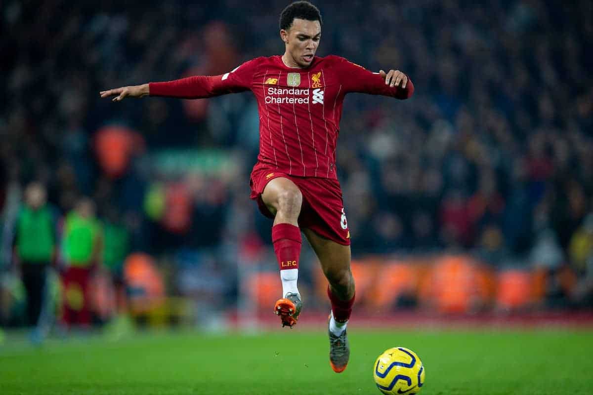 LIVERPOOL, ENGLAND - Sunday, December 29, 2019: Liverpool's Trent Alexander-Arnold during the FA Premier League match between Liverpool FC and Wolverhampton Wanderers FC at Anfield. (Pic by Richard Roberts/Propaganda)